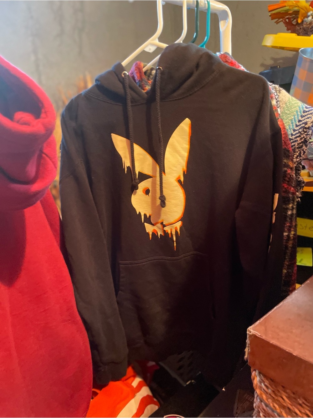 PLAYBOY Black Hoodie with Cream-to-Orange Drip Bunny Graphic